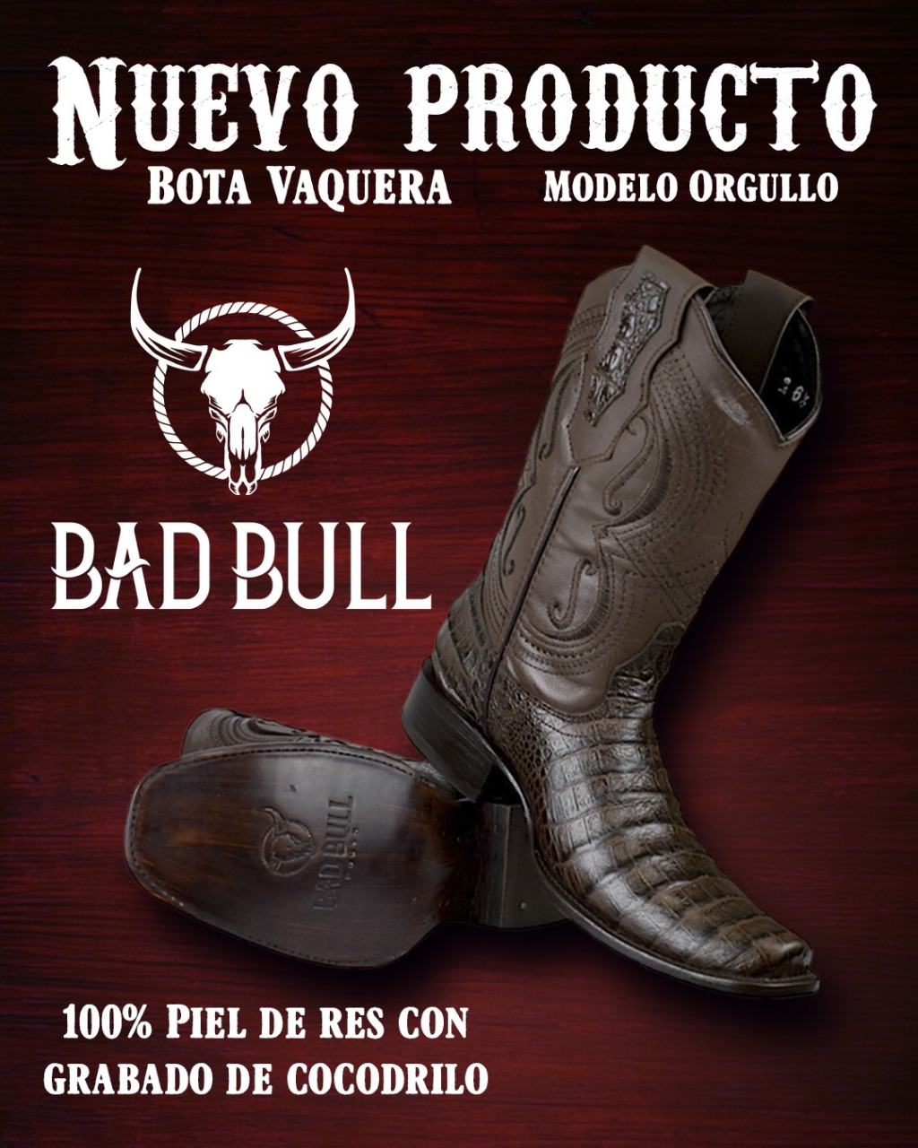 BOTA VAQUERA DE PIEL CON GRAVADO-BAD BULL