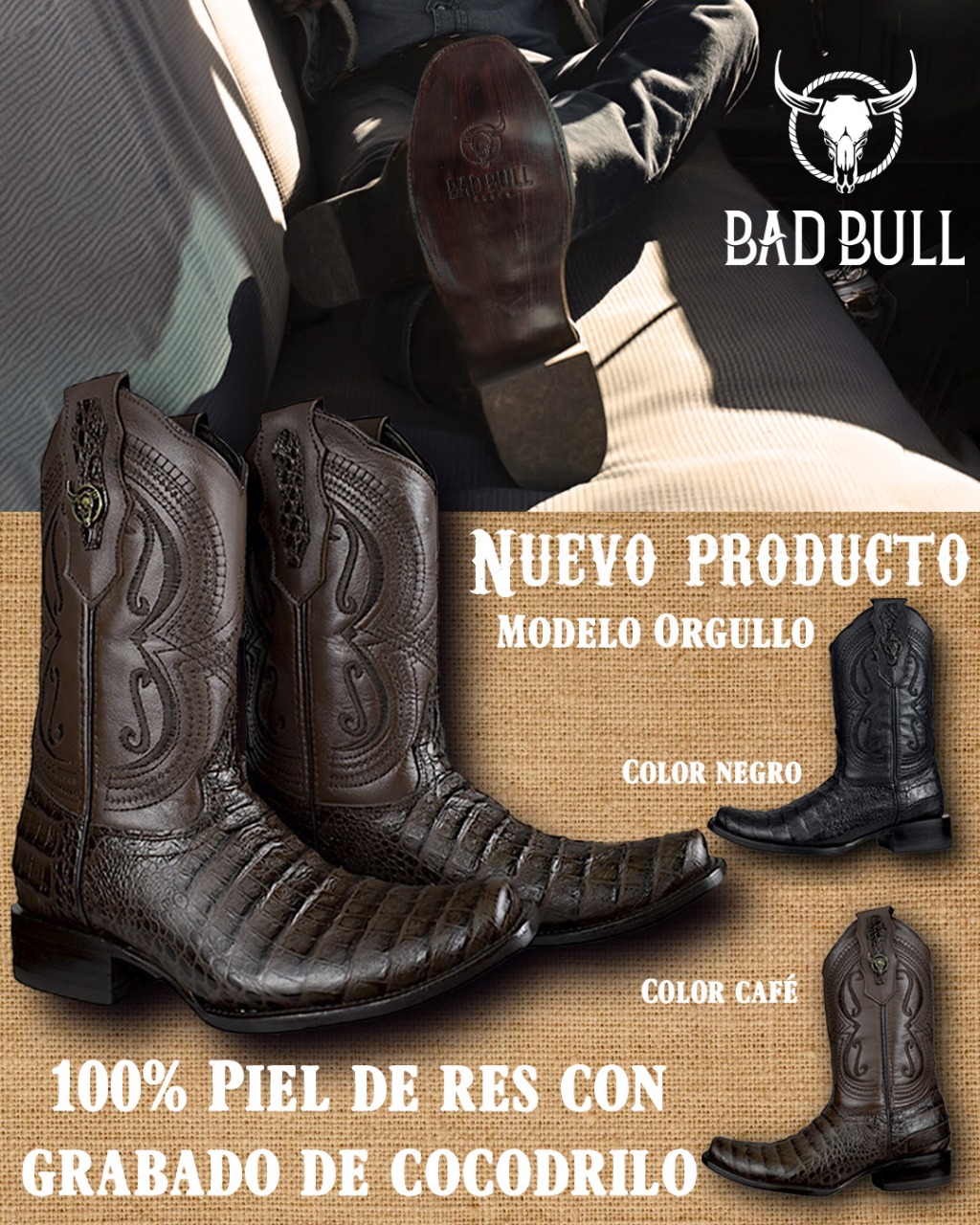 BOTA VAQUERA DE PIEL CON GRAVADO-BAD BULL